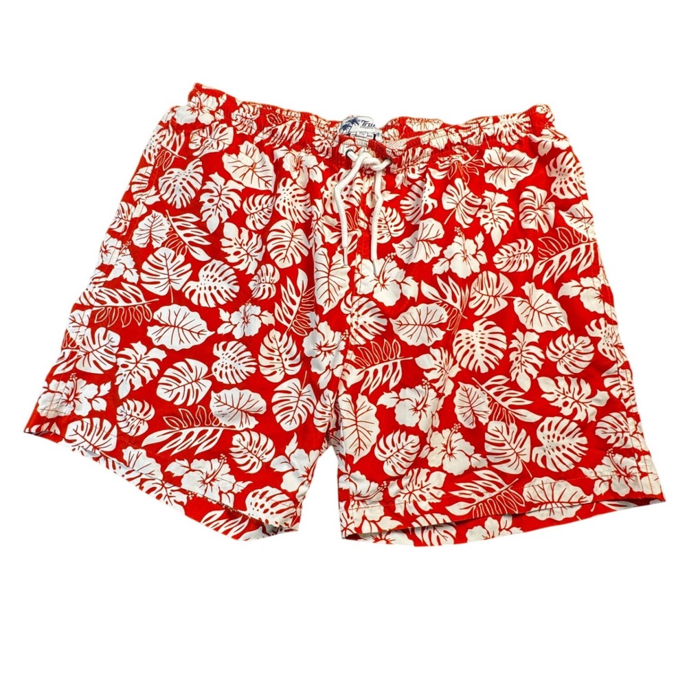 Trunks Surf & Swim Co Mens XXL Red White Tropical Hibiscus Floral Swim Trunks 6"